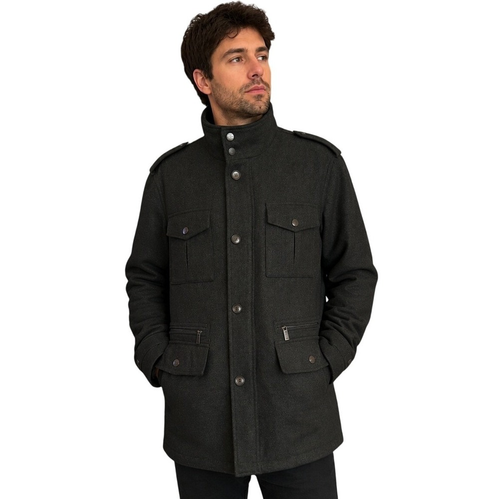 Michael Kors Mens Wool Blend Field Jacket Charcoal Gray Military Coat Large